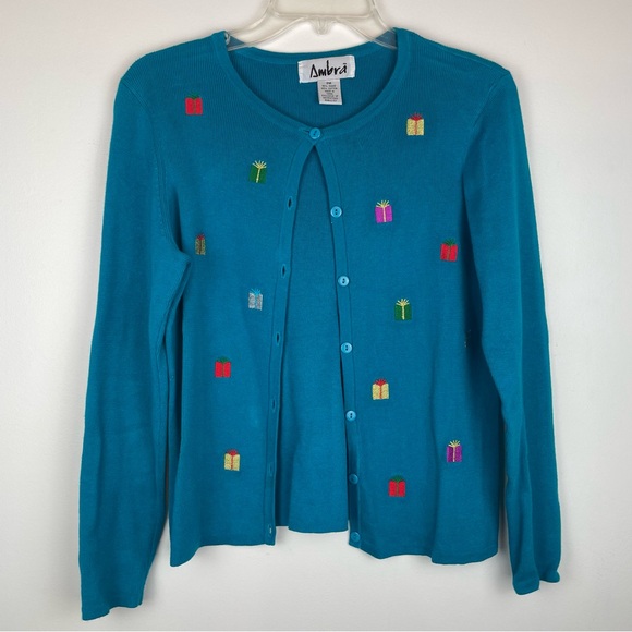 Ambra Vintage Holiday Cardigan Petite Medium Embroidered Gift Boxes - Picture 1 of 1